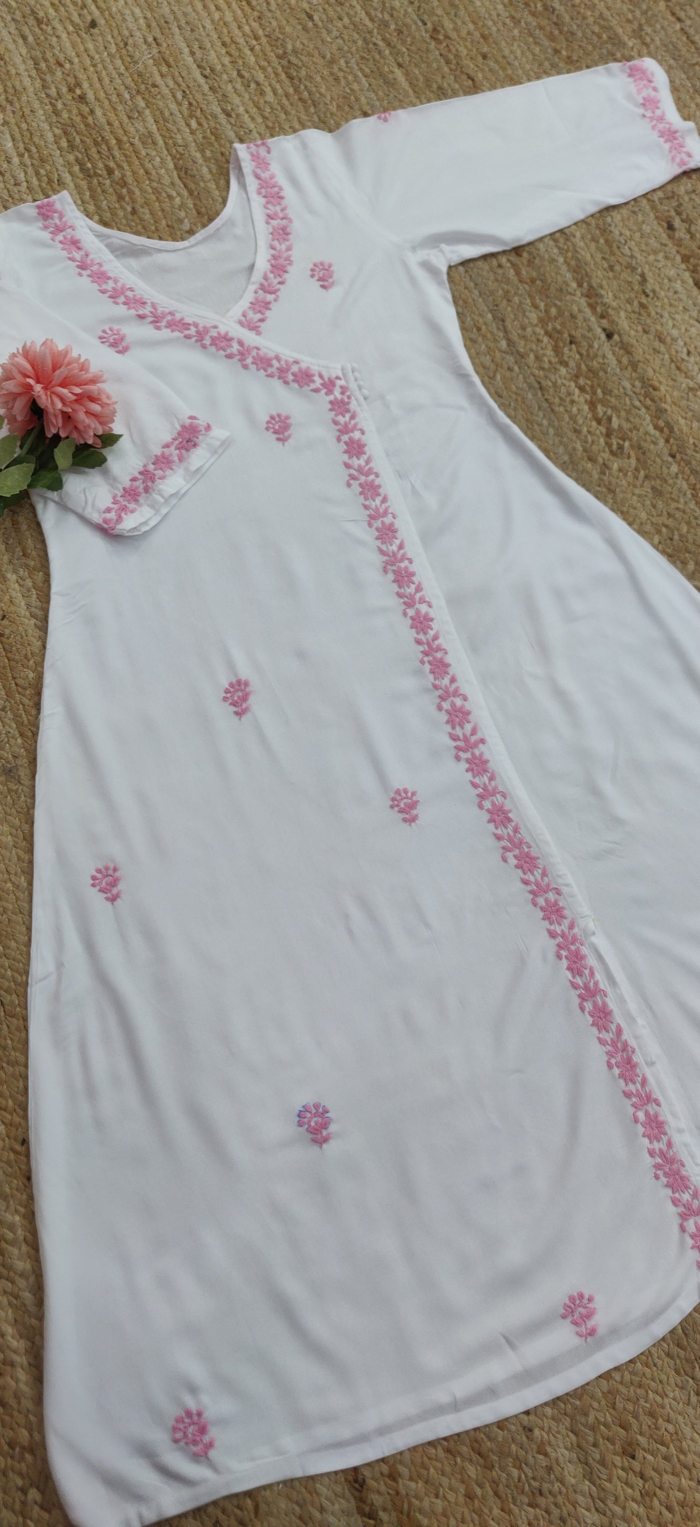 White Rayon Chikankari Angrakha Kurta-Custom Made