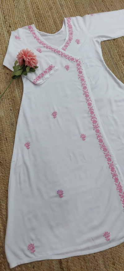 White Rayon Chikankari Angrakha Kurta-Custom Made