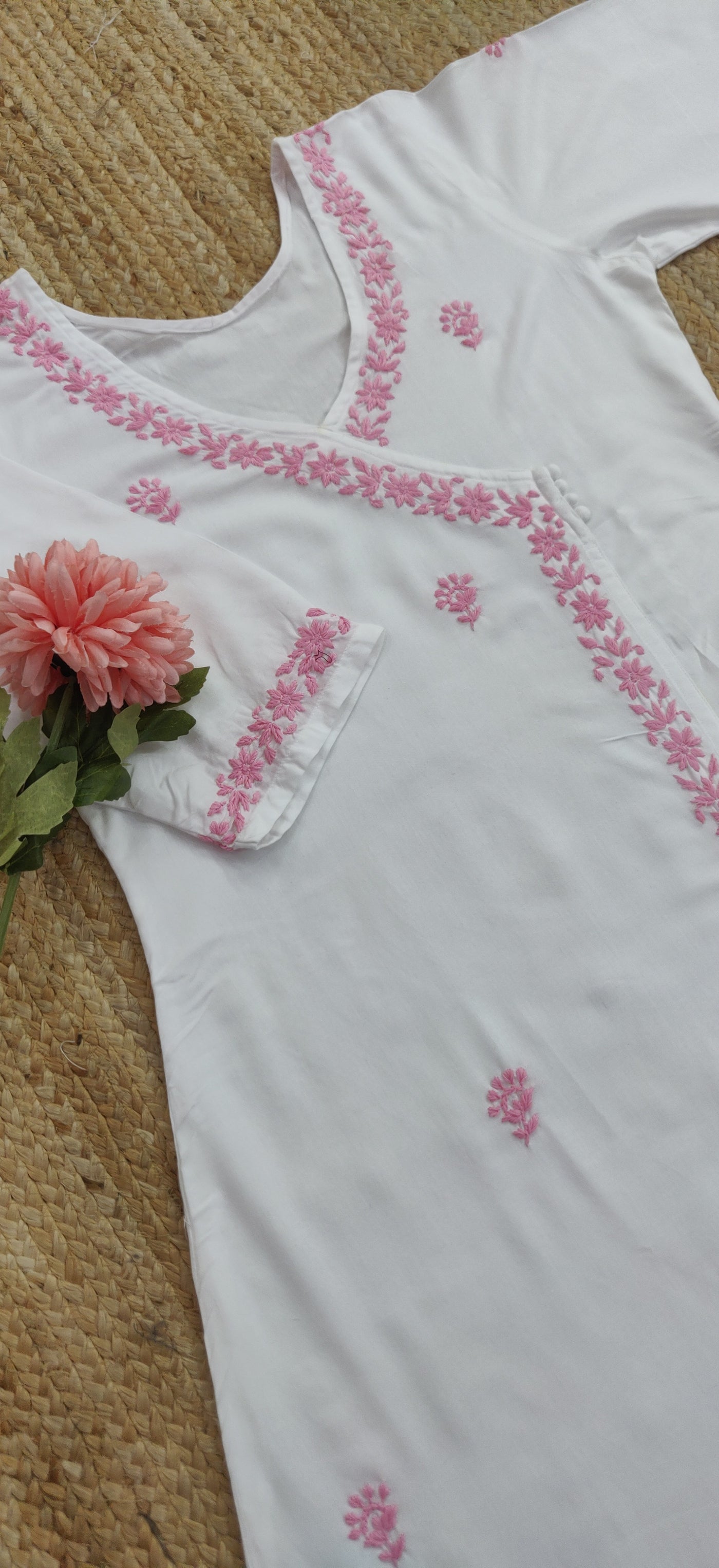 White Rayon Chikankari Angrakha Kurta-Custom Made