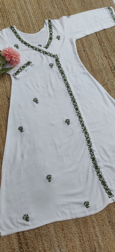 White Rayon Chikankari Angrakha Kurta-Custom Made