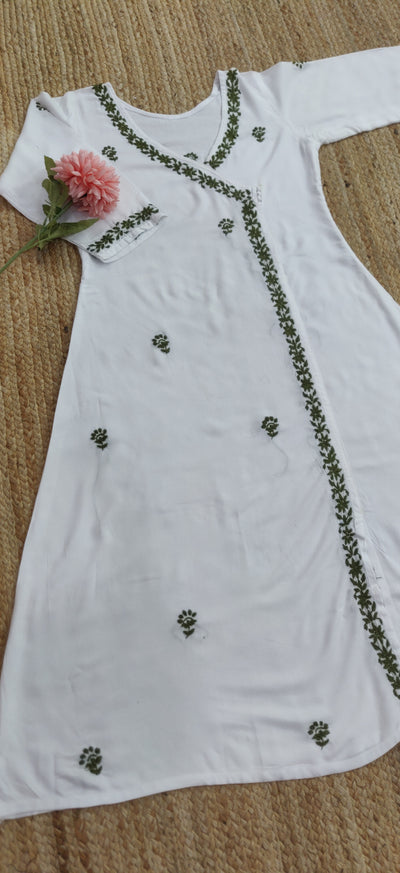 White Rayon Chikankari Angrakha Kurta-Custom Made