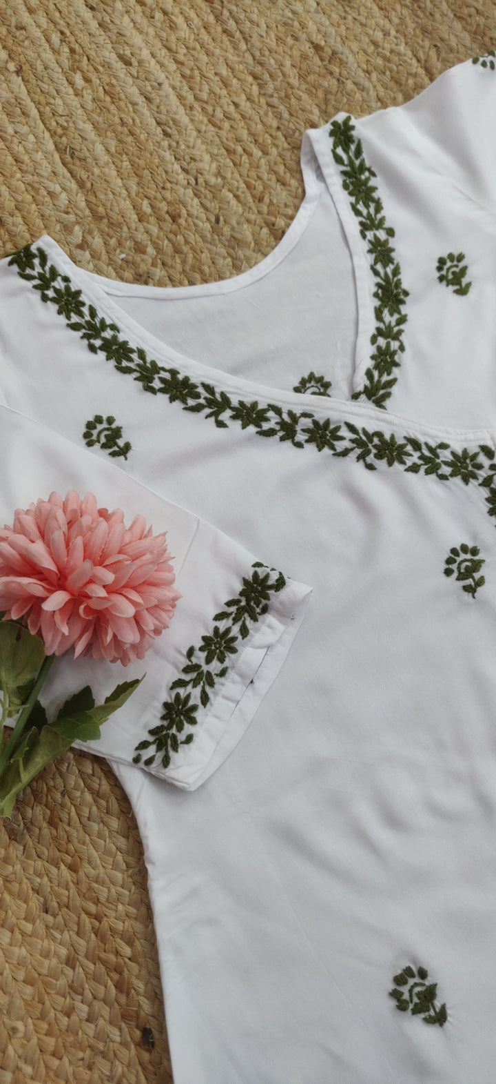 White Rayon Chikankari Angrakha Kurta-Custom Made