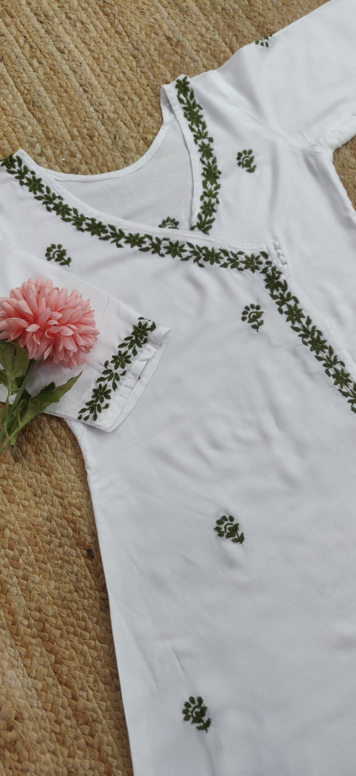 White Rayon Chikankari Angrakha Kurta-Custom Made