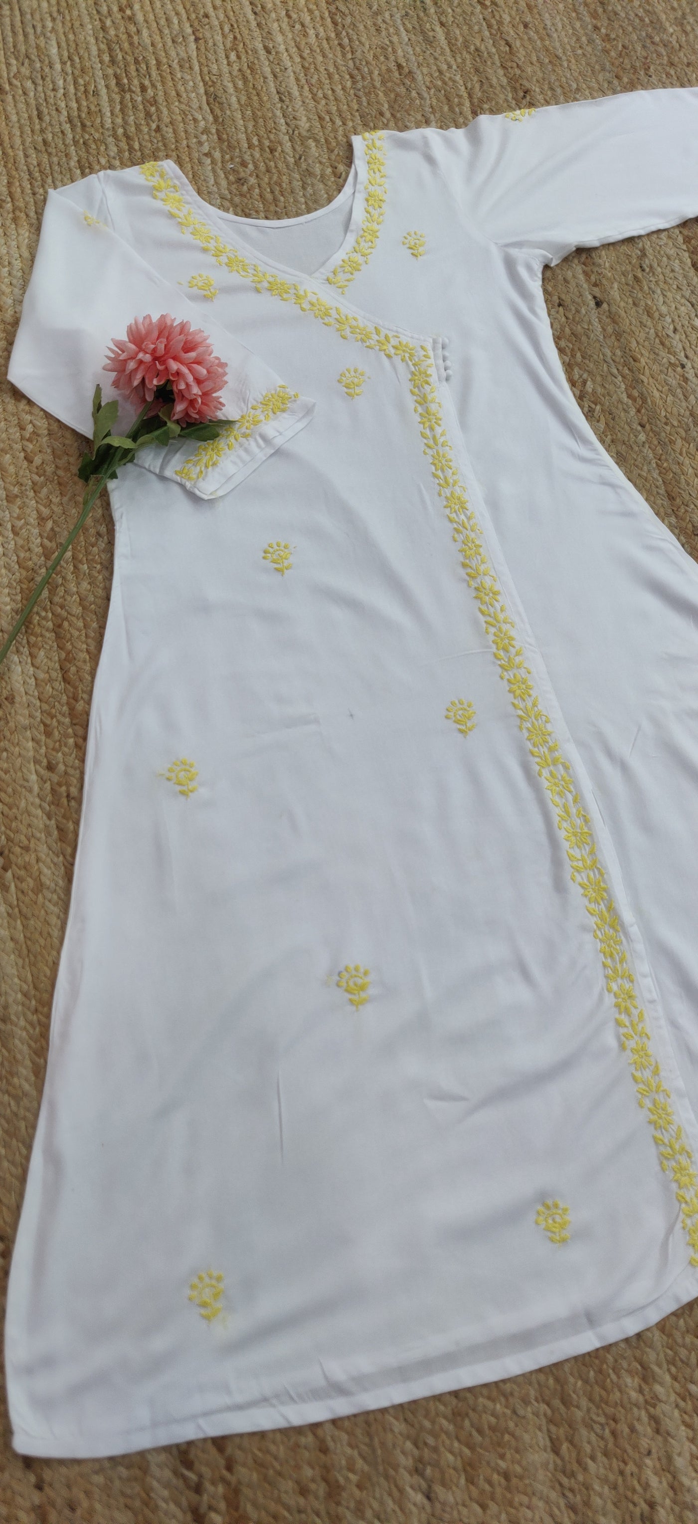 White Rayon Chikankari Angrakha Kurta- Custom Made