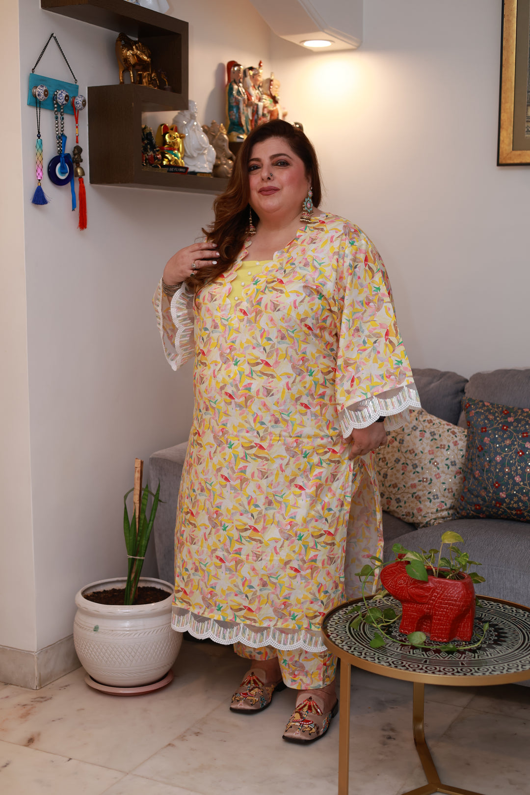 Yellow Printed Cotton kurta Pant Set -Custom Made