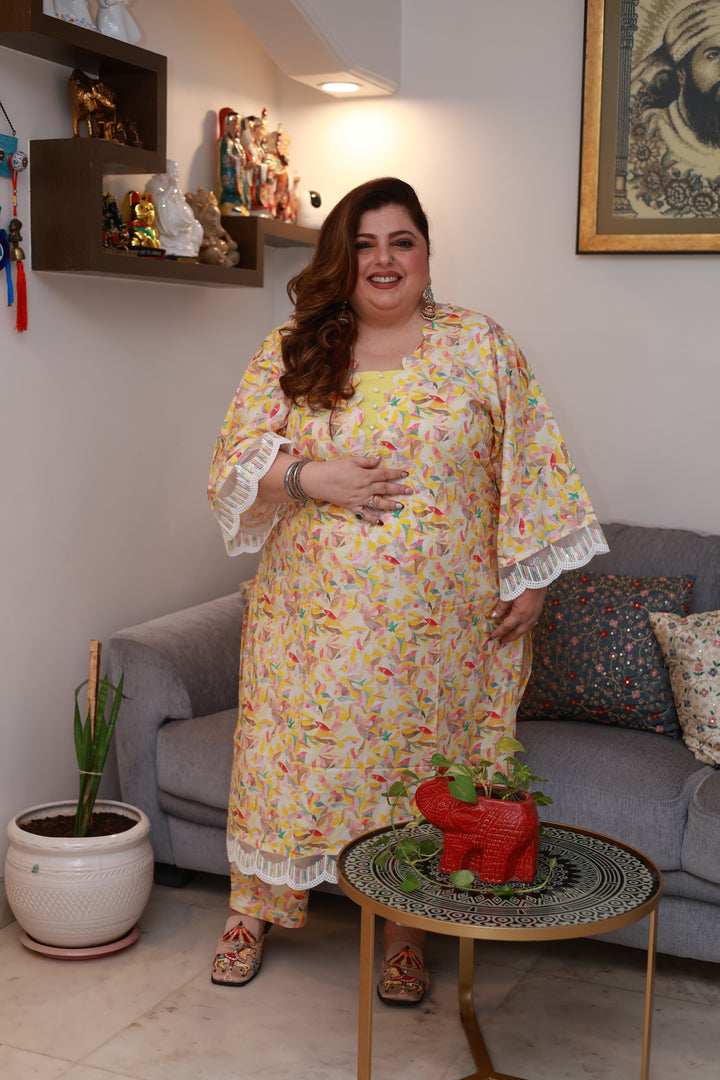 Yellow Printed Cotton kurta Pant Set -Custom Made