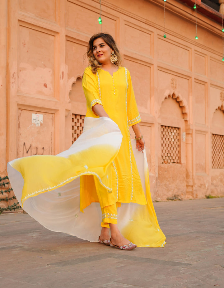 Yellow Rayon Chikankari Suit Set -Custom Made