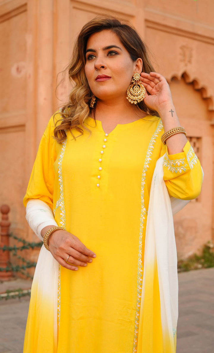Yellow Rayon Chikankari Suit Set -Custom Made