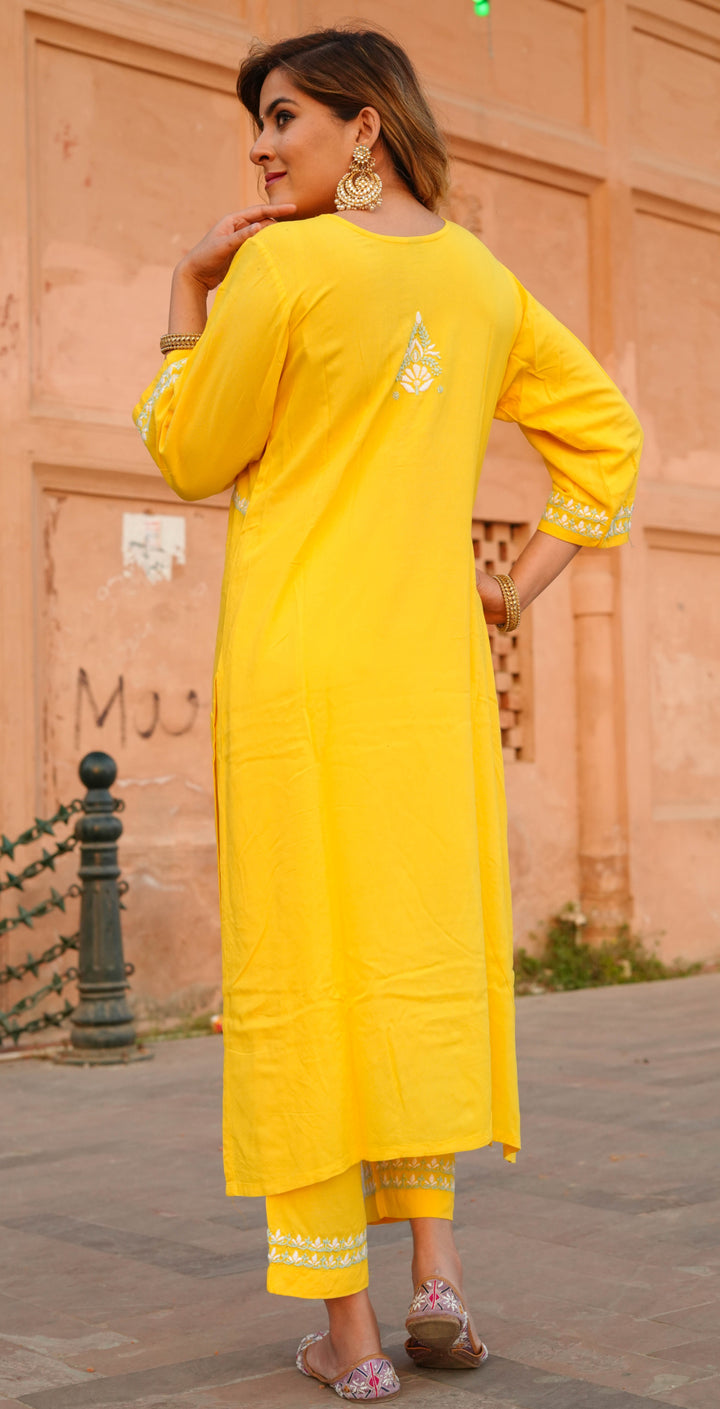 Yellow Rayon Chikankari Suit Set -Custom Made