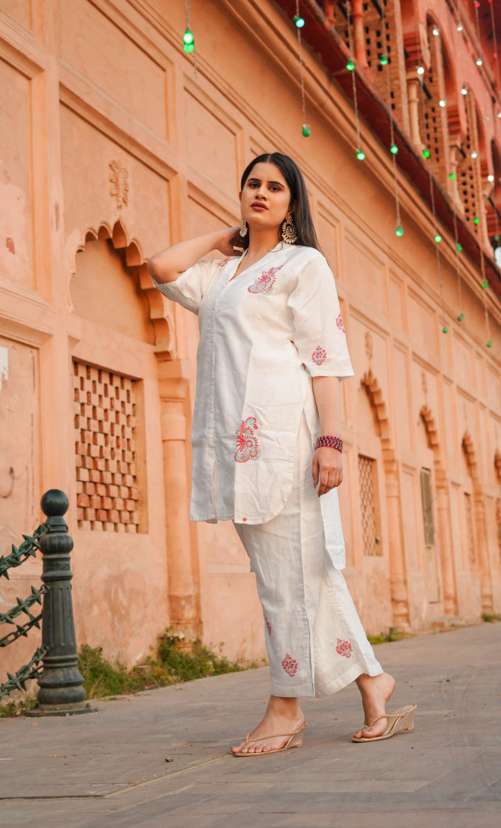 White Chanderi Chikankari Co-ord Set -Custom Made