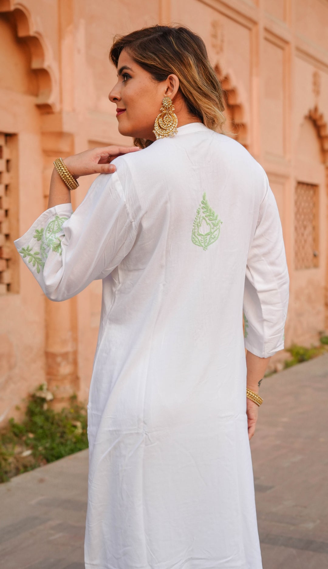White Rayon Chikankari Kurta With Pant Set
