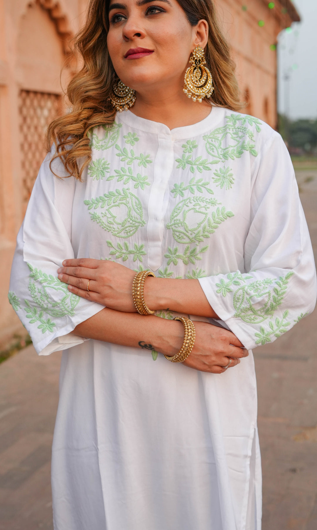 White Rayon Chikankari Kurta With Pant Set