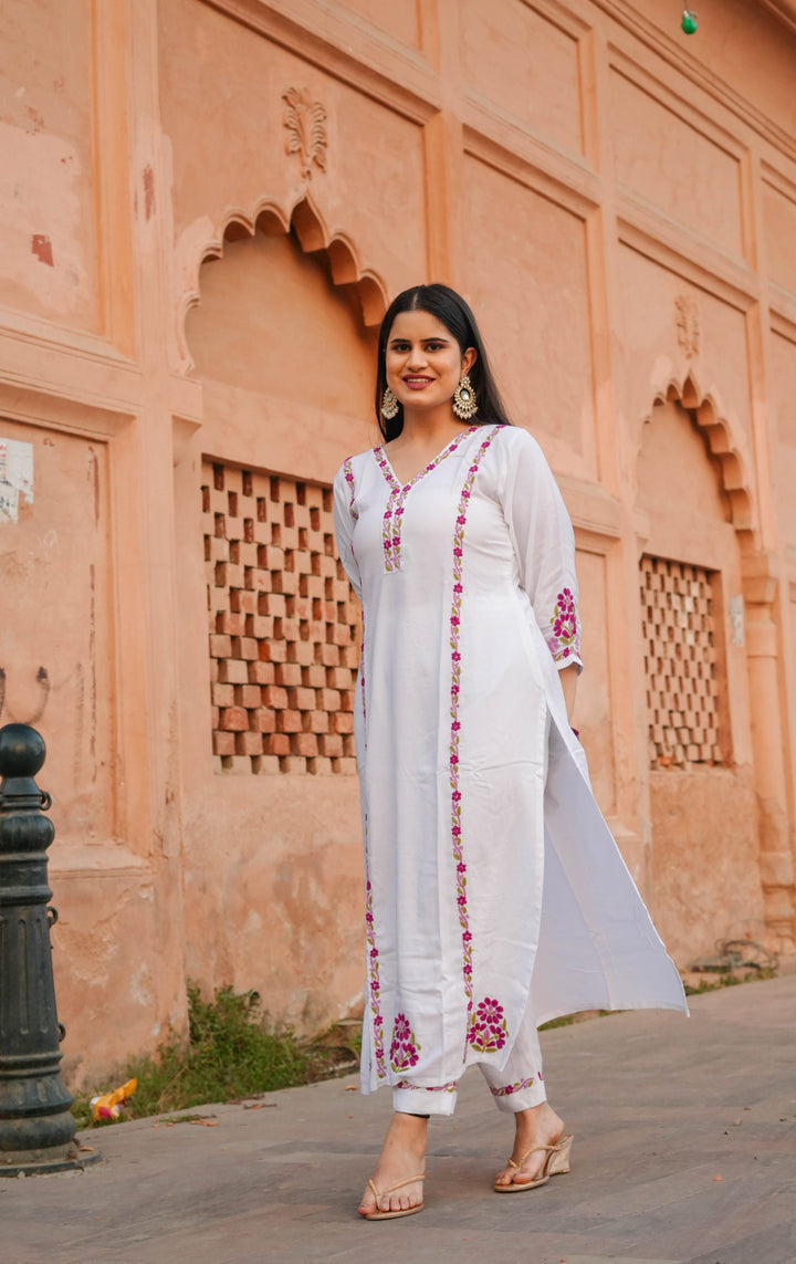 White Rayon Chikankari Kurta With Pant Set -Custom Made