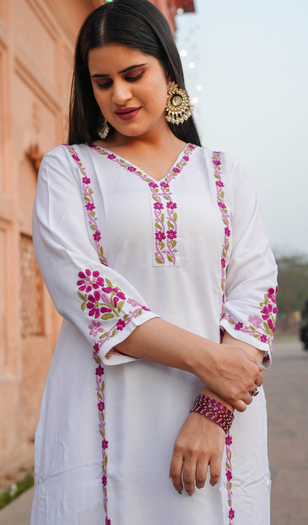 White Rayon Chikankari Kurta With Pant Set -Custom Made