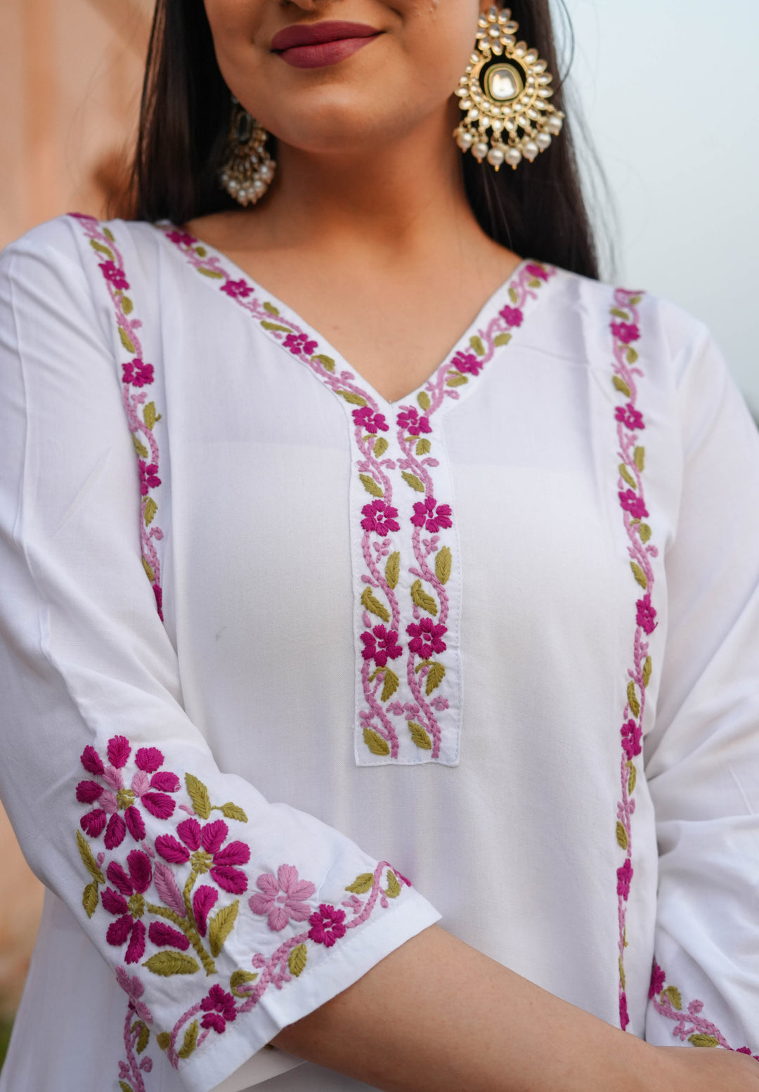 White Rayon Chikankari Kurta With Pant Set -Custom Made