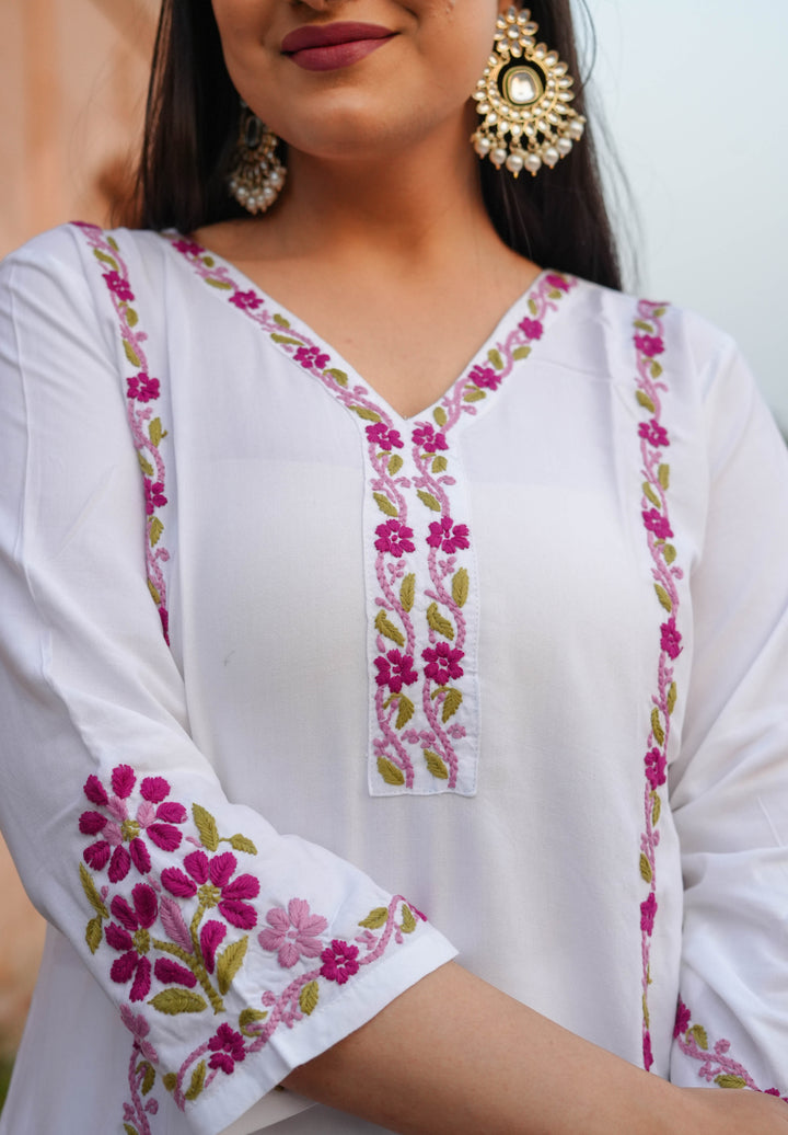 White Rayon Chikankari Kurta With Pant Set -Custom Made