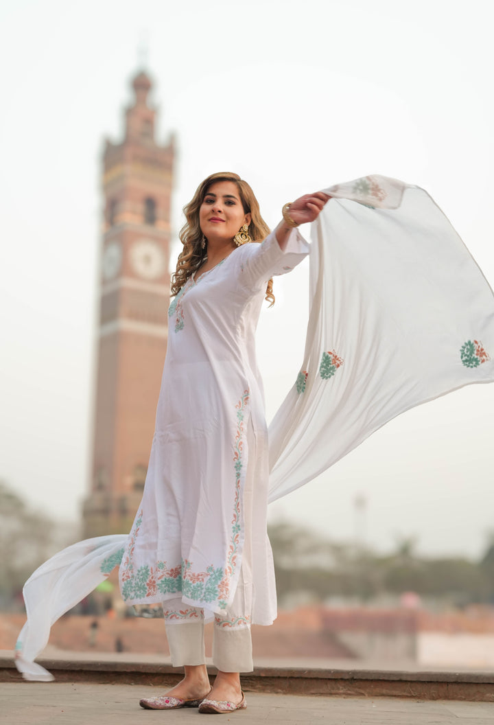White Rayon Chikankari Suit Set -Custom Made