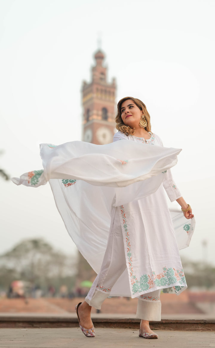 White Rayon Chikankari Suit Set -Custom Made
