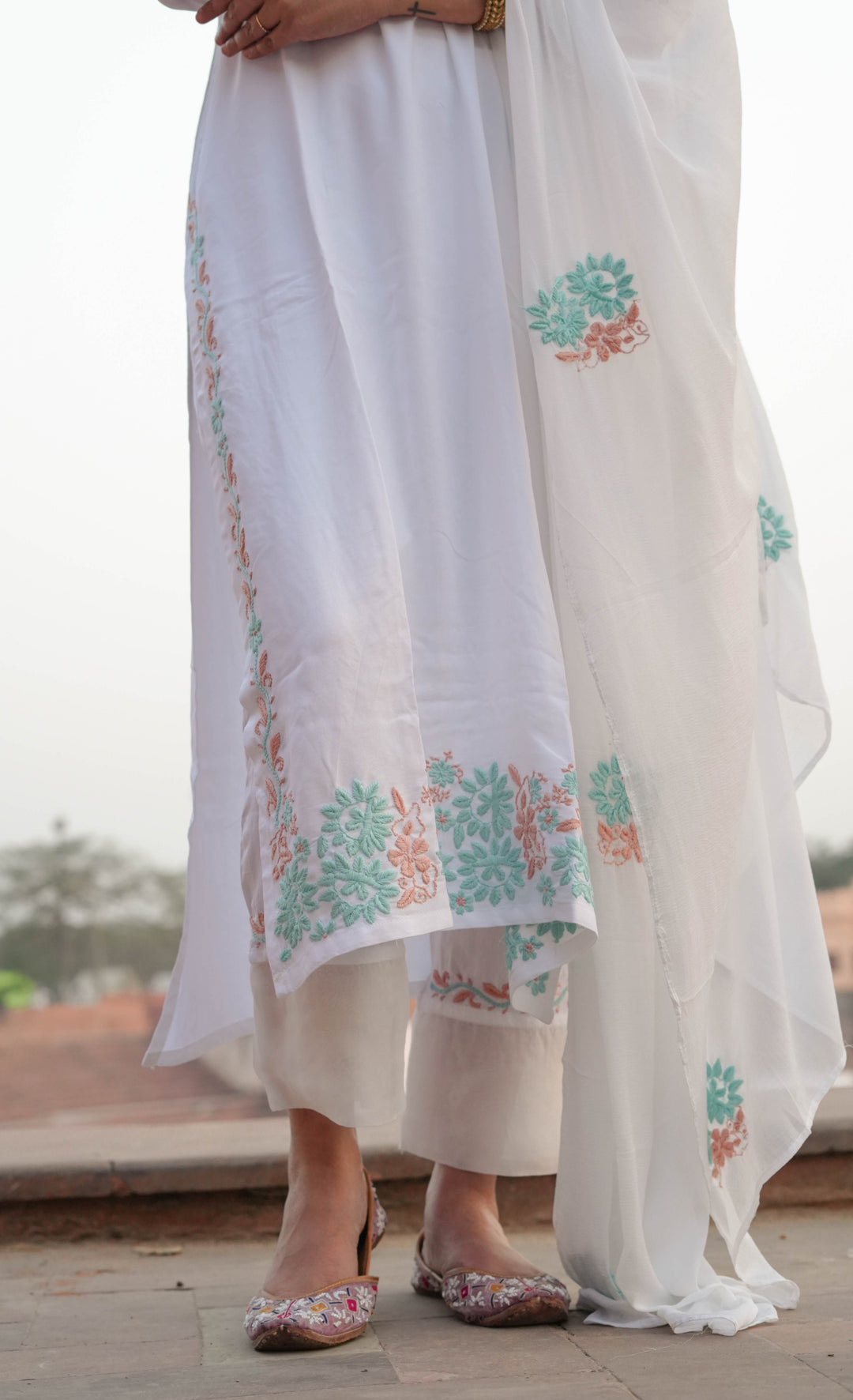White Rayon Chikankari Suit Set -Custom Made