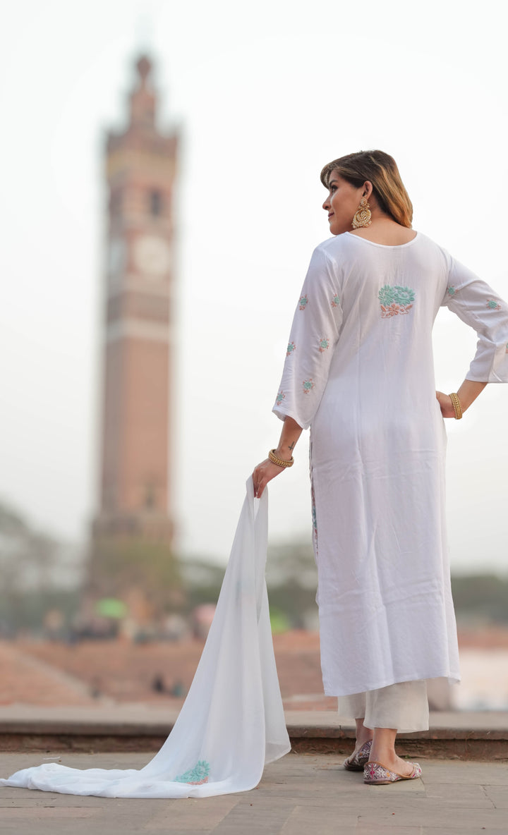White Rayon Chikankari Suit Set -Custom Made