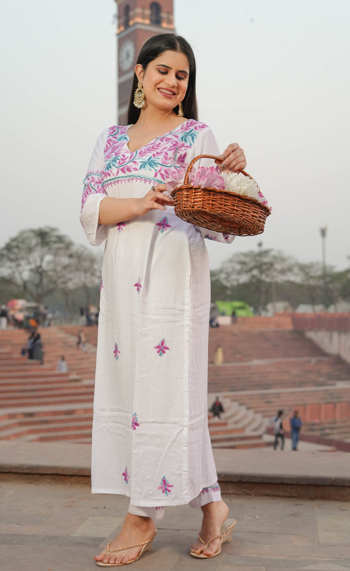 White Rayon Chikankari Kurta With Pant Set -Custom Made