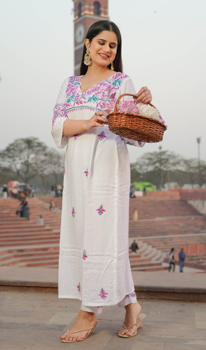 White Rayon Chikankari Kurta With Pant Set -Custom Made