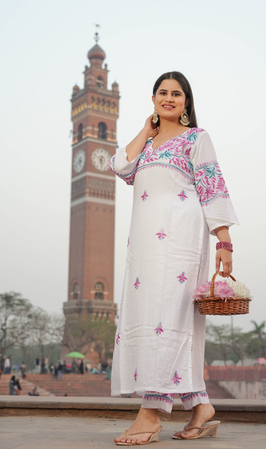 White Rayon Chikankari Kurta With Pant Set -Custom Made
