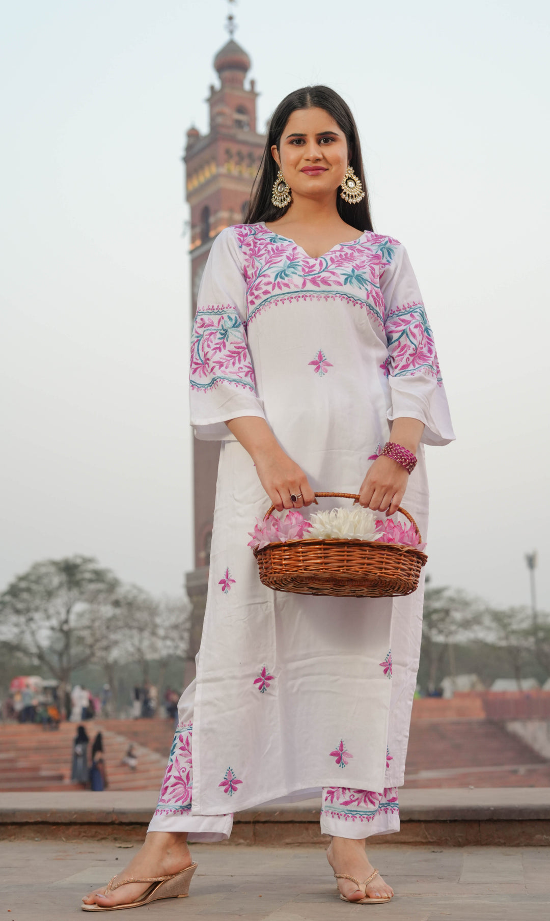 White Rayon Chikankari Kurta With Pant Set -Custom Made