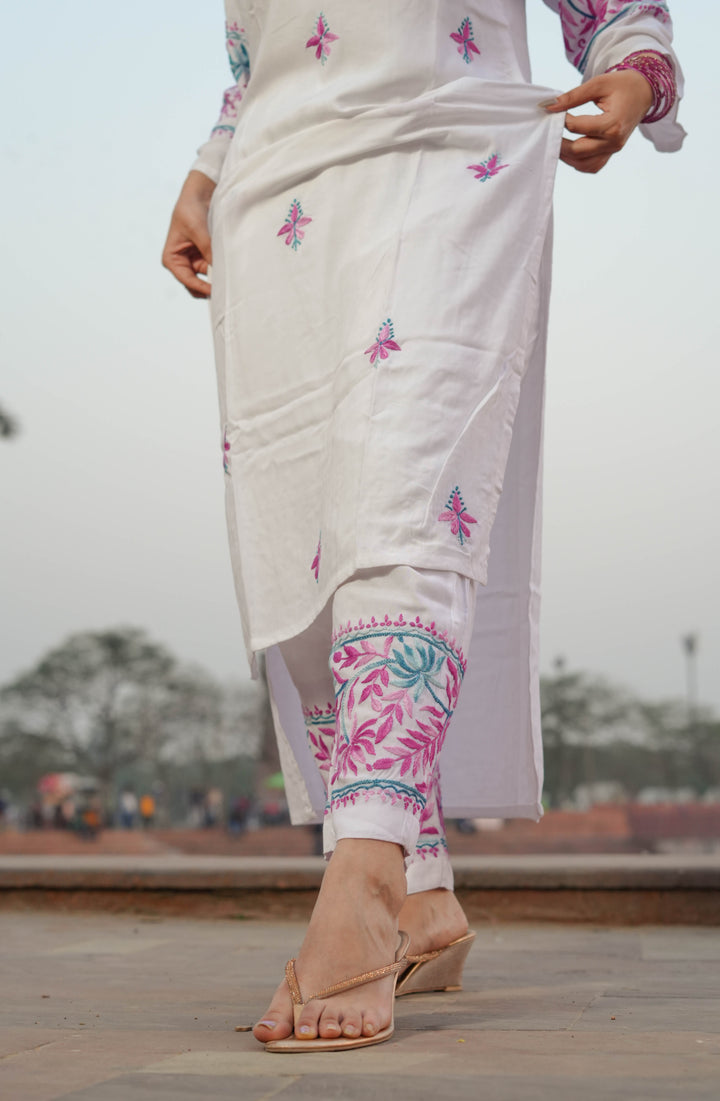 White Rayon Chikankari Kurta With Pant Set -Custom Made