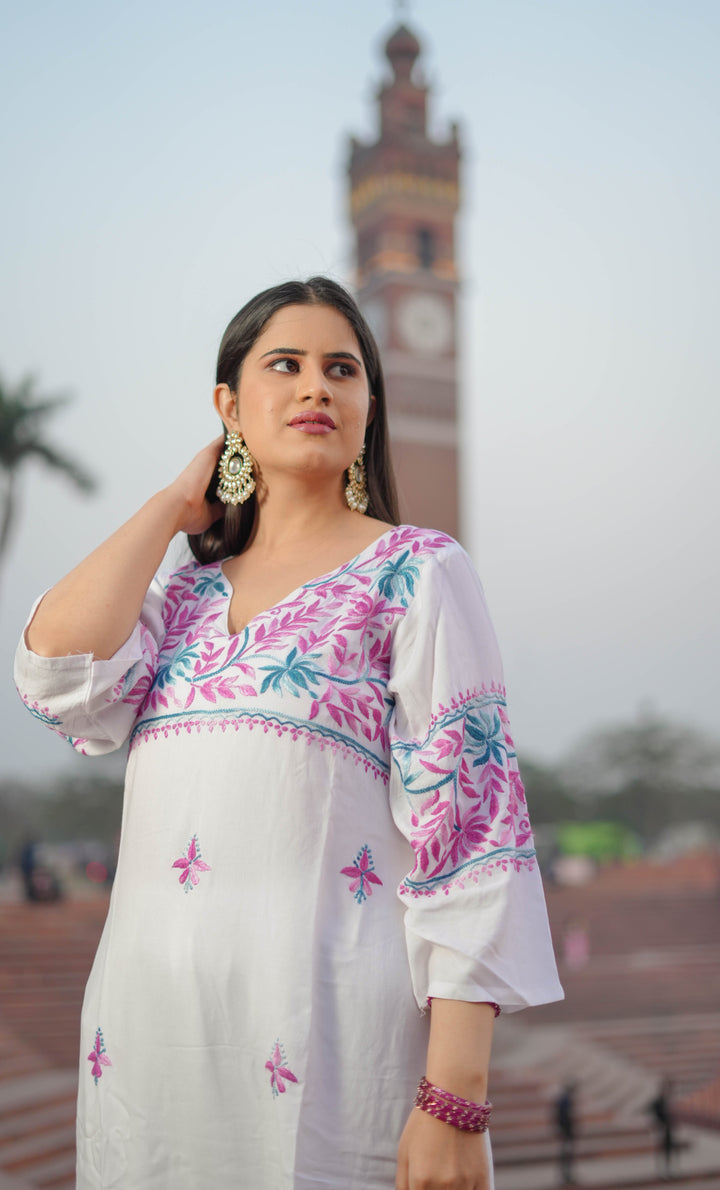 White Rayon Chikankari Kurta With Pant Set -Custom Made