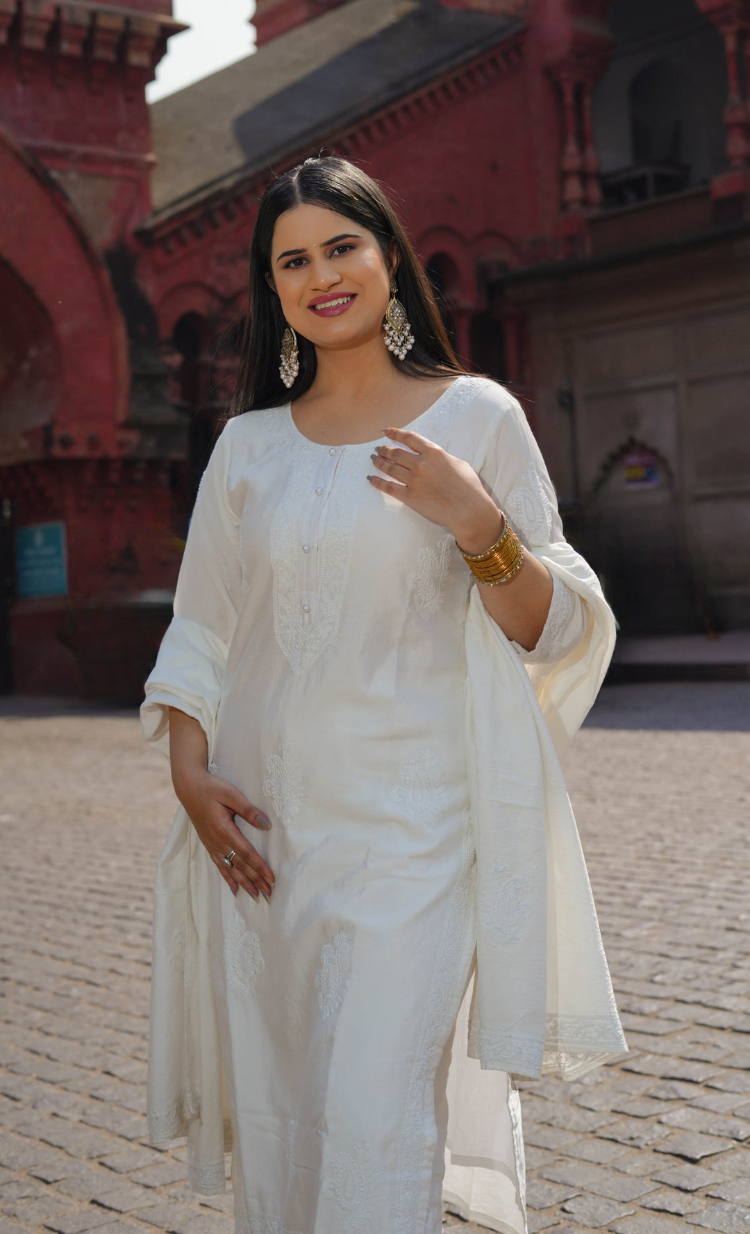 White Chanderi Chikankari Suit Set -Custom Made