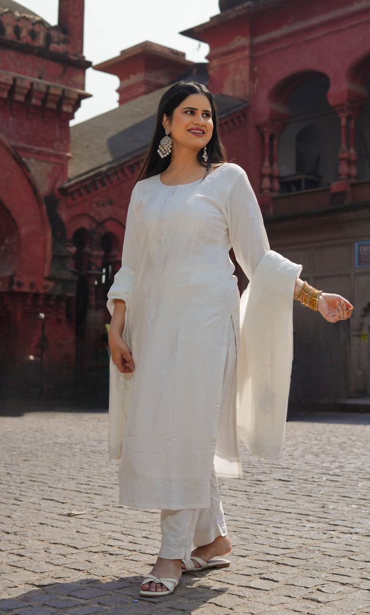 White Chanderi Chikankari Suit Set -Custom Made