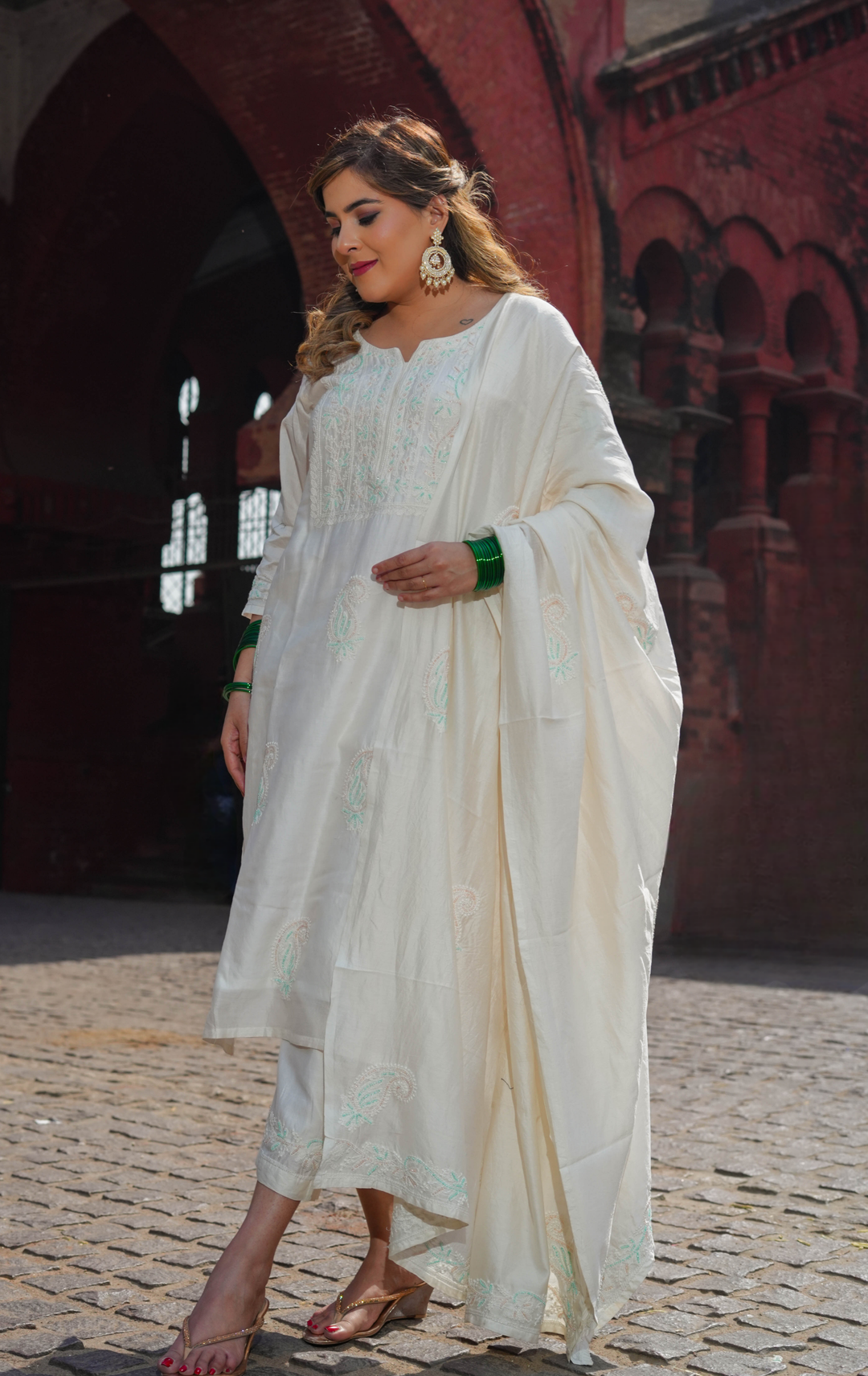 White Chanderi Chikankari Suit Set -Custom Made