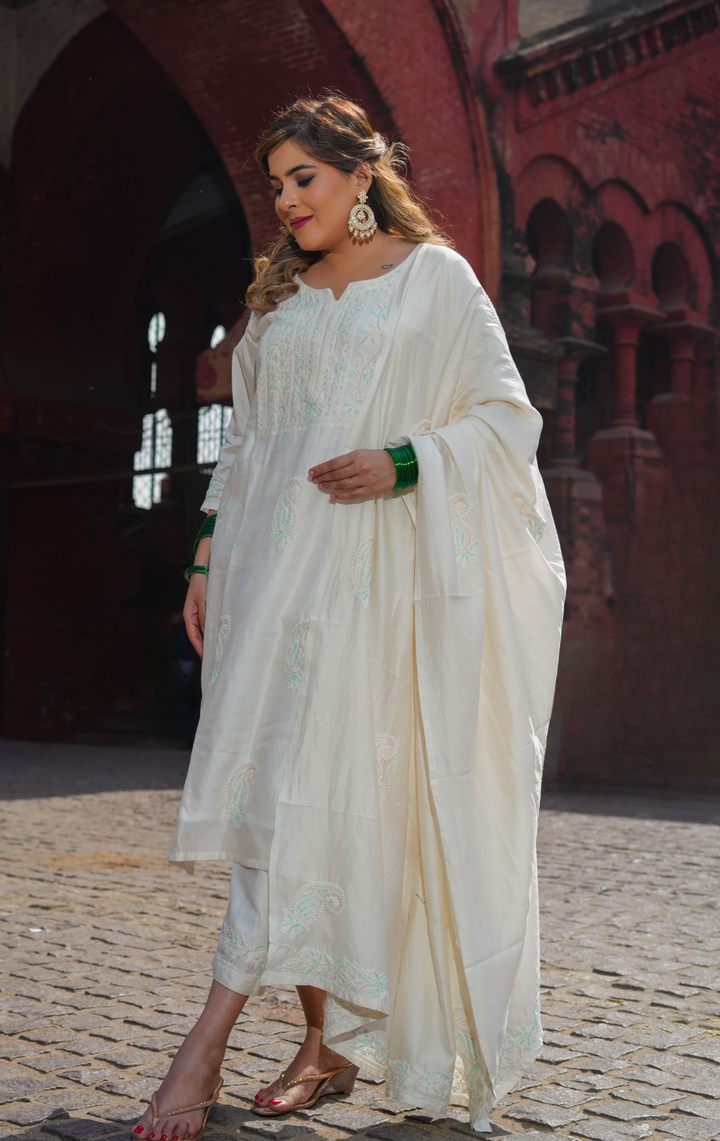 White Chanderi Chikankari Suit Set -Custom Made
