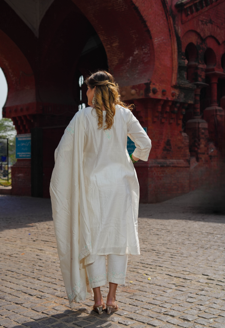 White Chanderi Chikankari Suit Set -Custom Made