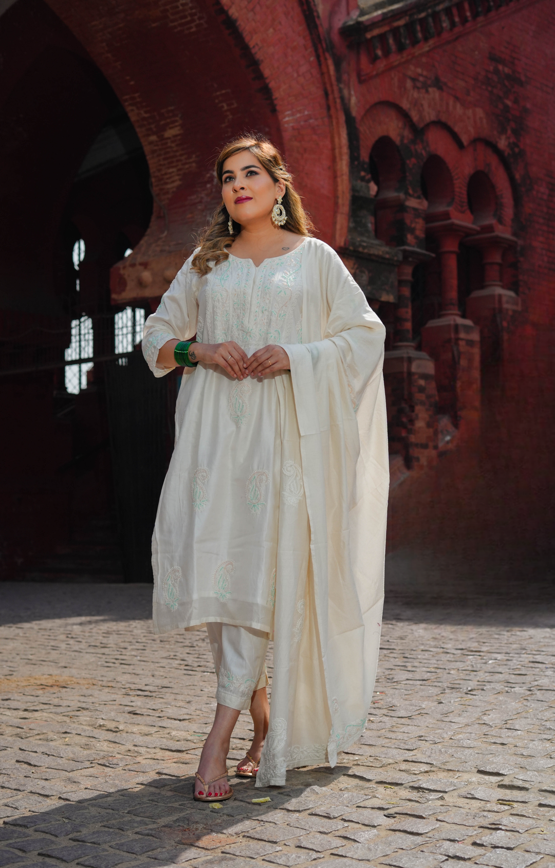 White Chanderi Chikankari Suit Set -Custom Made