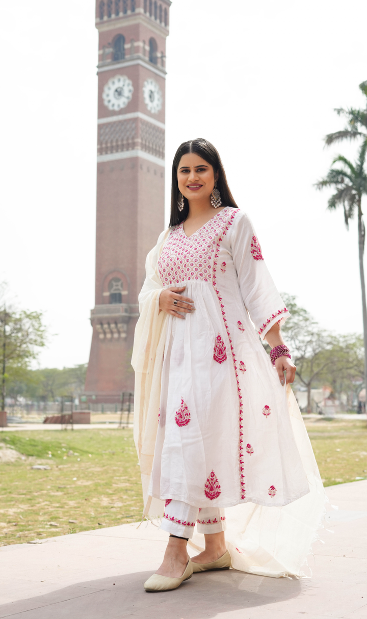 White Chanderi Chikankari A-Line Suit Set -Custom Made