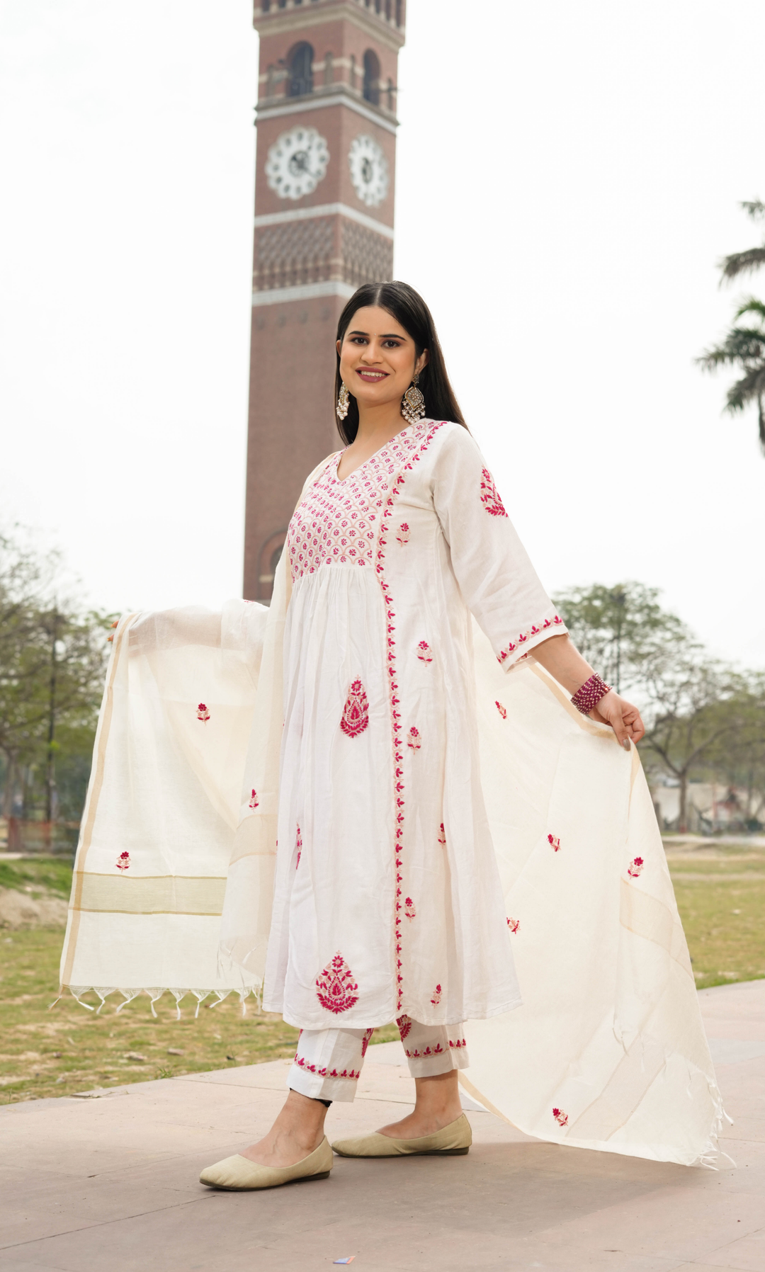 White Chanderi Chikankari A-Line Suit Set -Custom Made