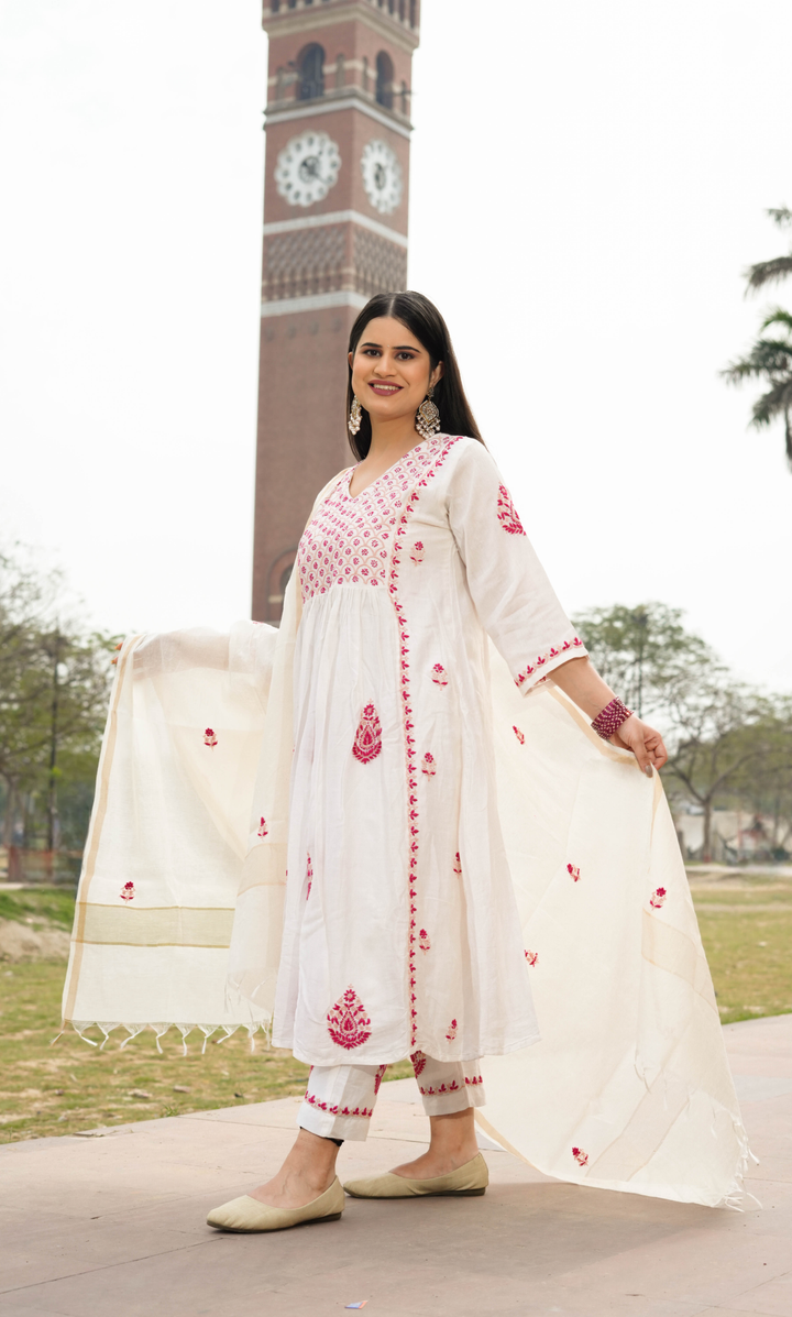 White Chanderi Chikankari A-Line Suit Set -Custom Made
