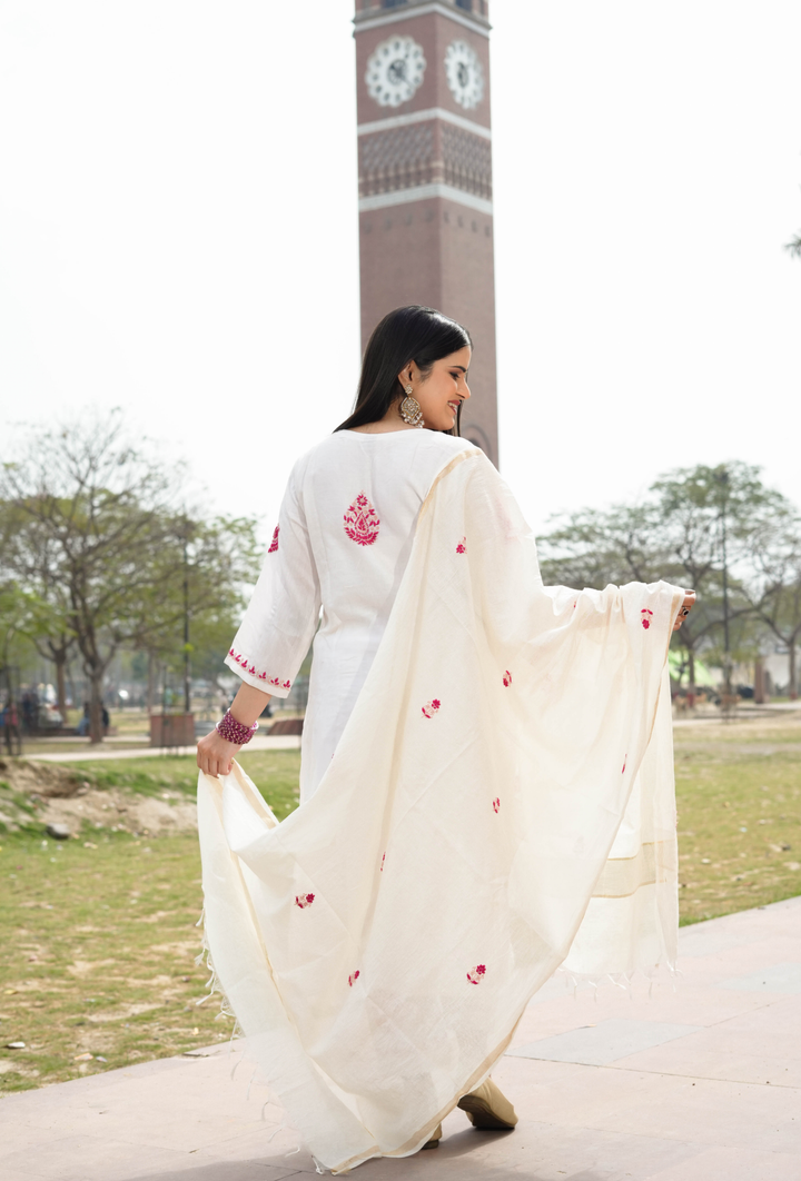 White Chanderi Chikankari A-Line Suit Set -Custom Made