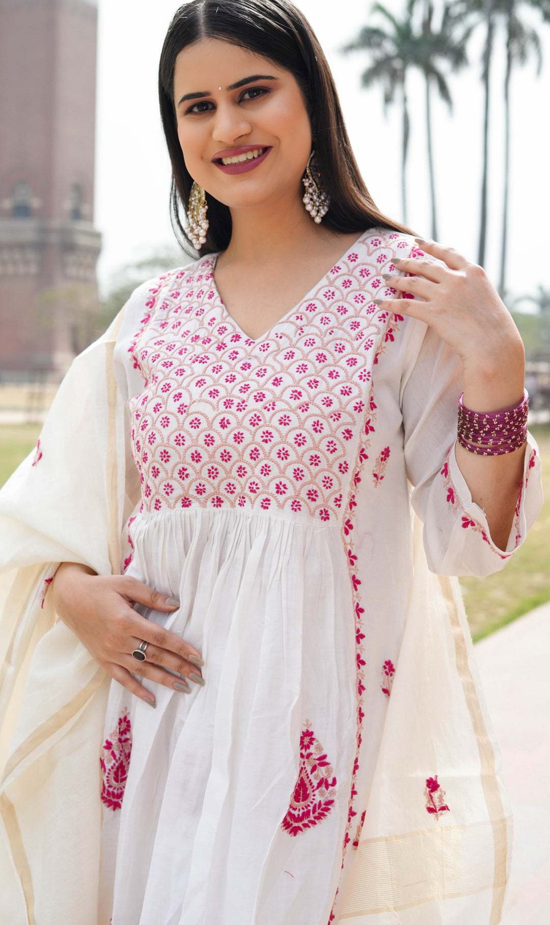 White Chanderi Chikankari A-Line Suit Set -Custom Made