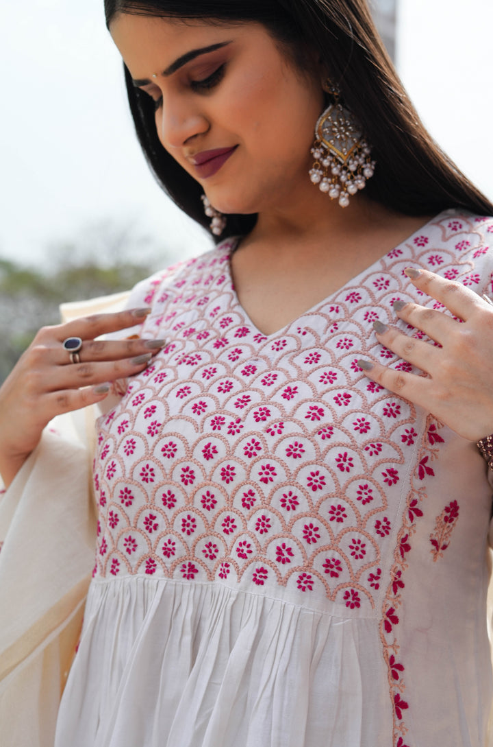 White Chanderi Chikankari A-Line Suit Set -Custom Made