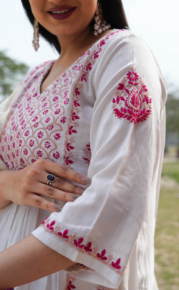 White Chanderi Chikankari A-Line Suit Set -Custom Made