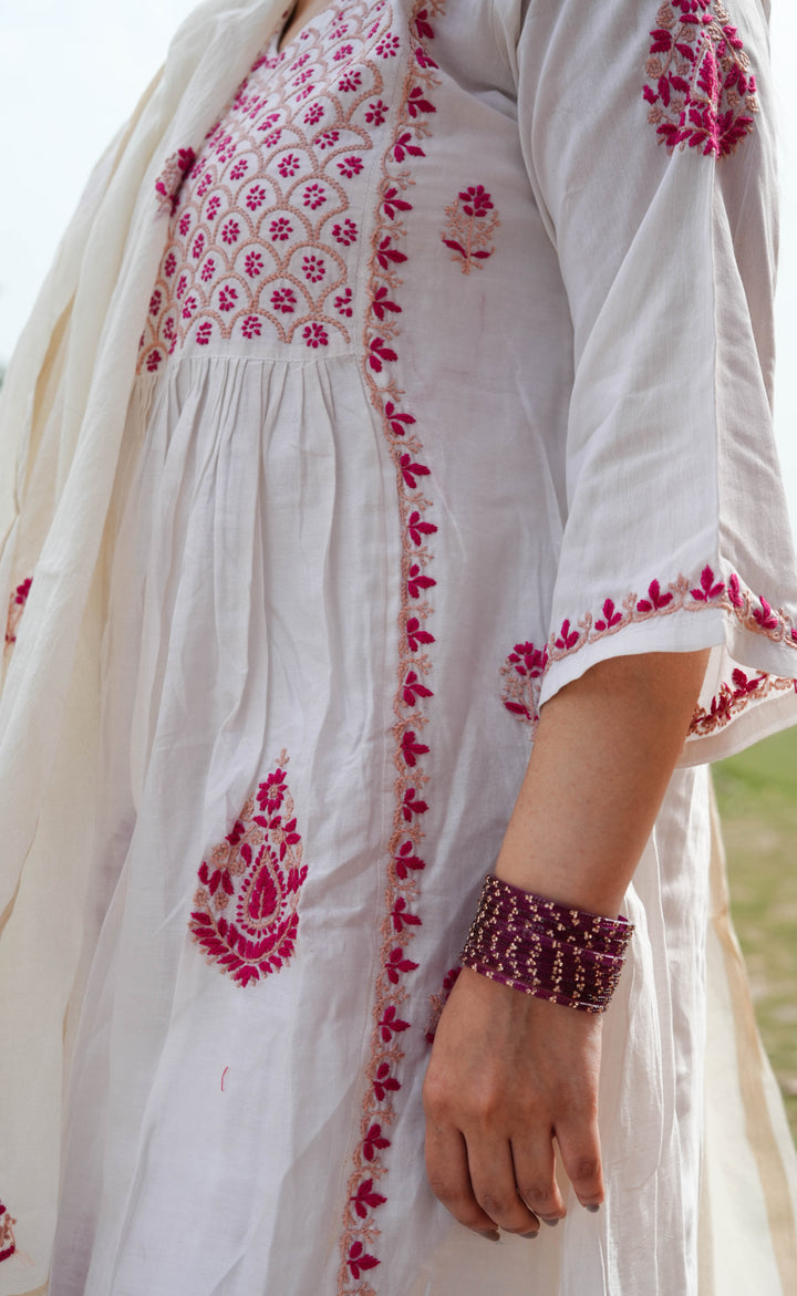 White Chanderi Chikankari A-Line Suit Set -Custom Made
