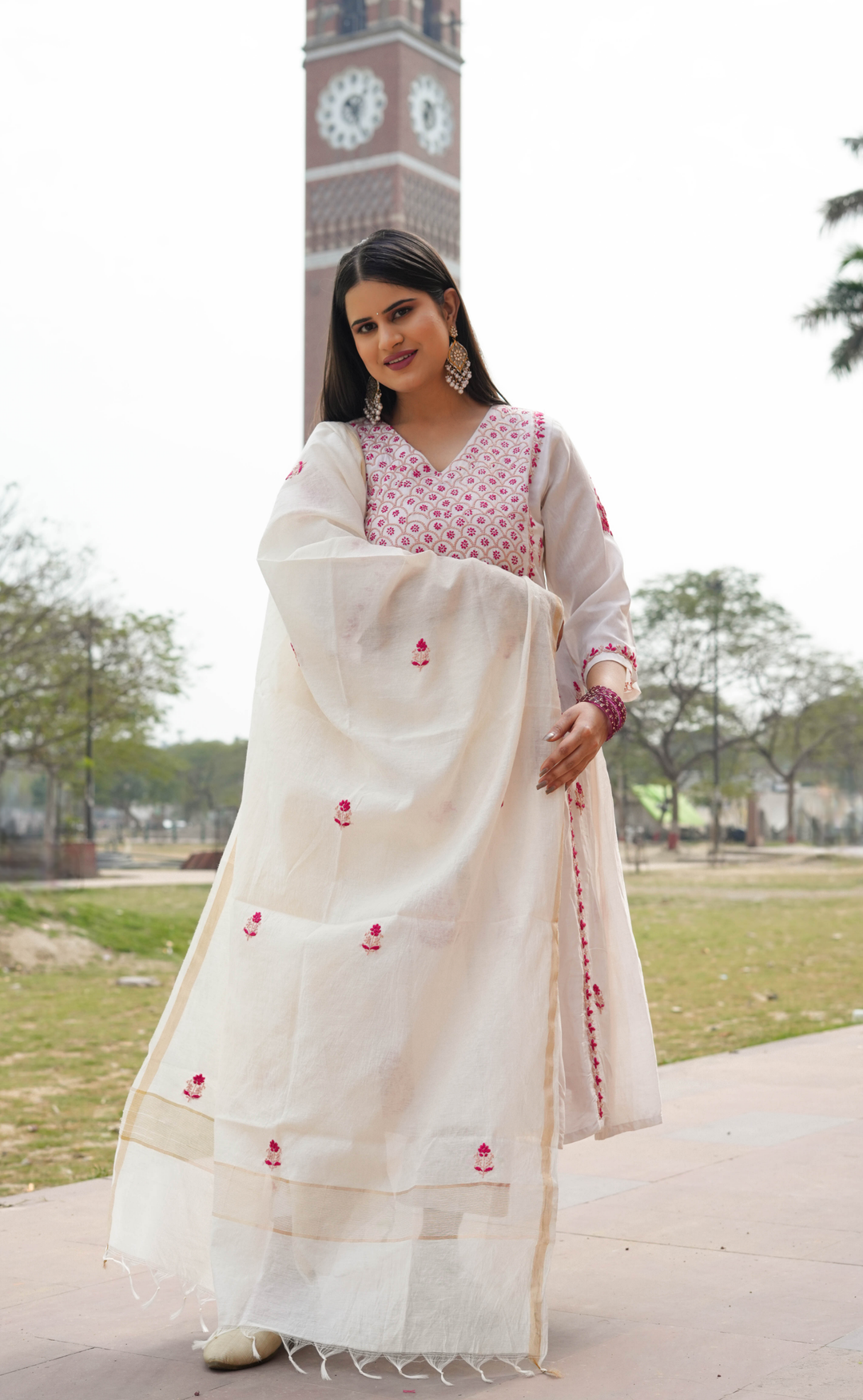 White Chanderi Chikankari A-Line Suit Set -Custom Made