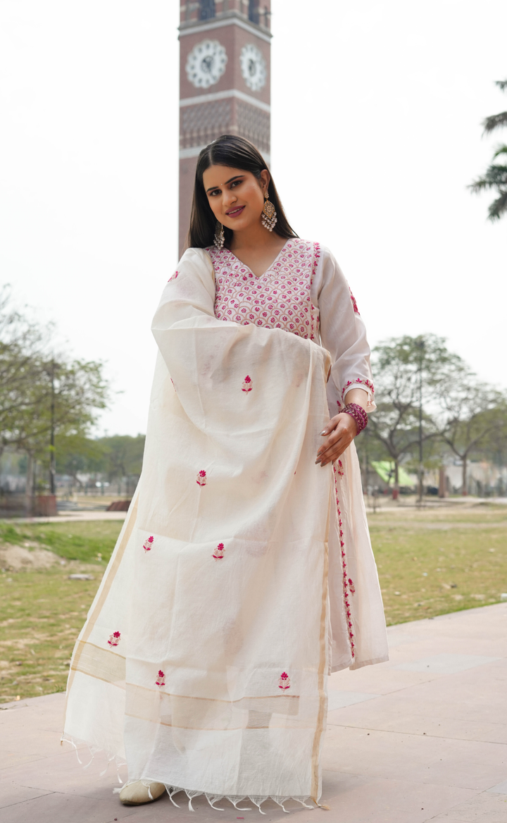 White Chanderi Chikankari A-Line Suit Set -Custom Made