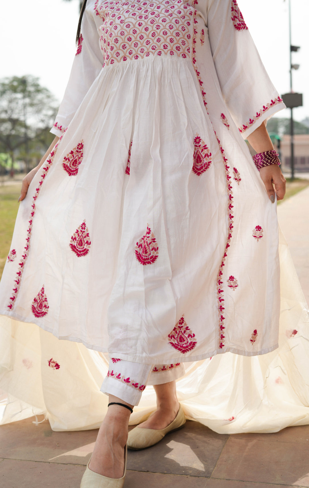 White Chanderi Chikankari A-Line Suit Set -Custom Made