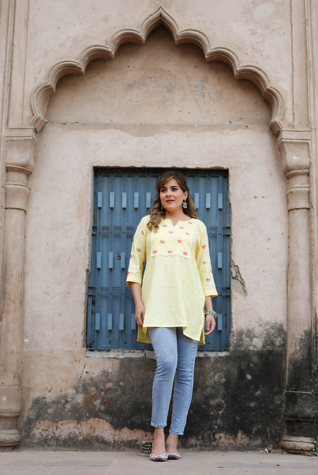 Linen Light Yellow Chikankari Short kurta -Custom Made