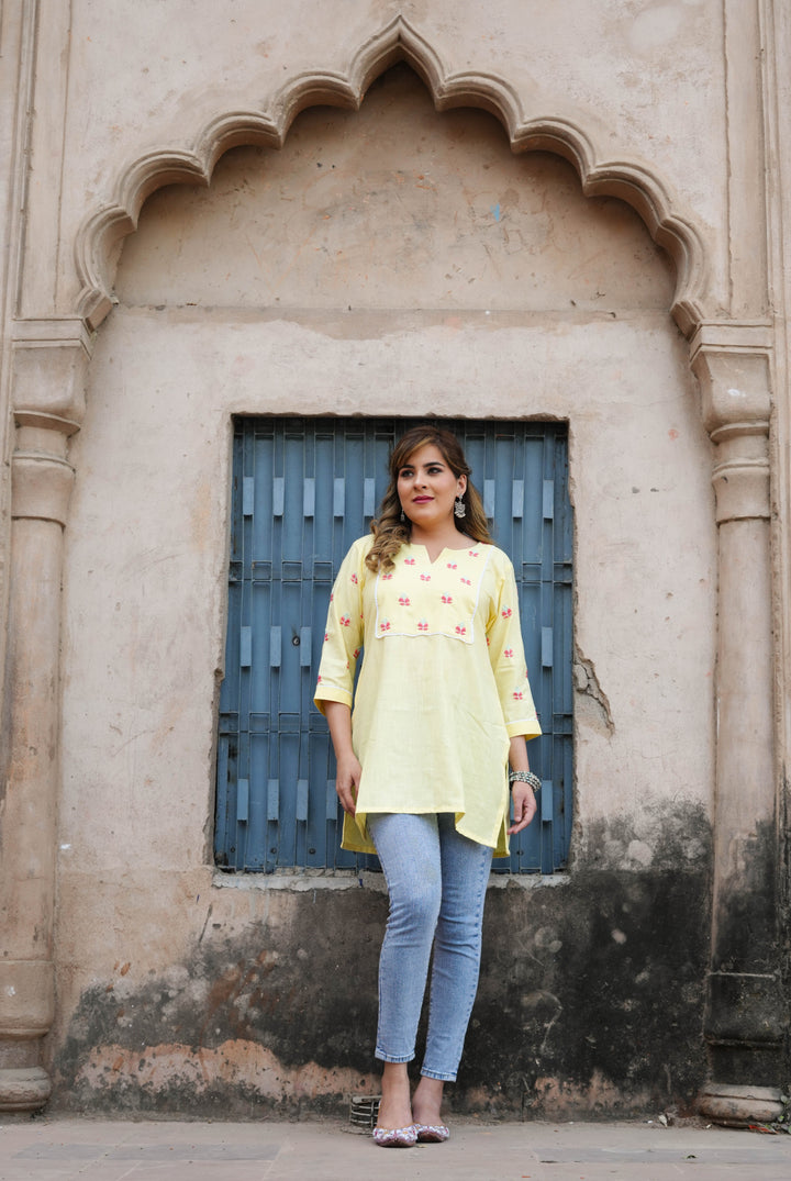 Linen Light Yellow Chikankari Short kurta -Custom Made