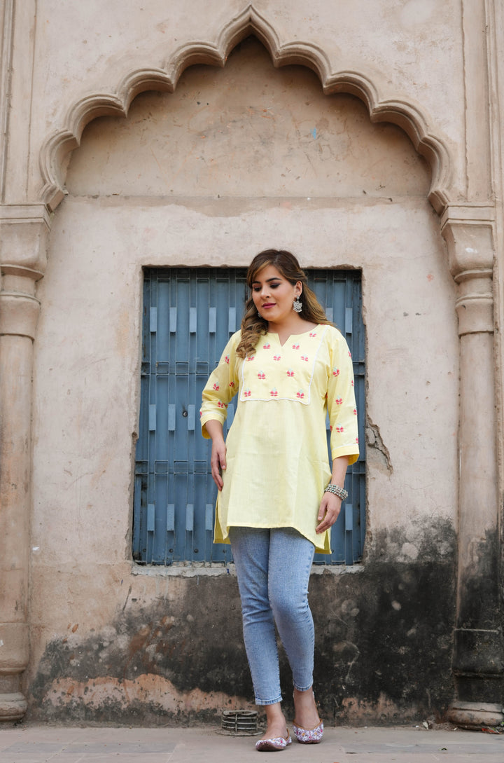 Linen Light Yellow Chikankari Short kurta -Custom Made